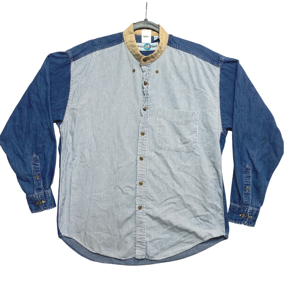 World Island Shirt Mens M Denim Hickory Stripe Band Collar Vintage 90s USA